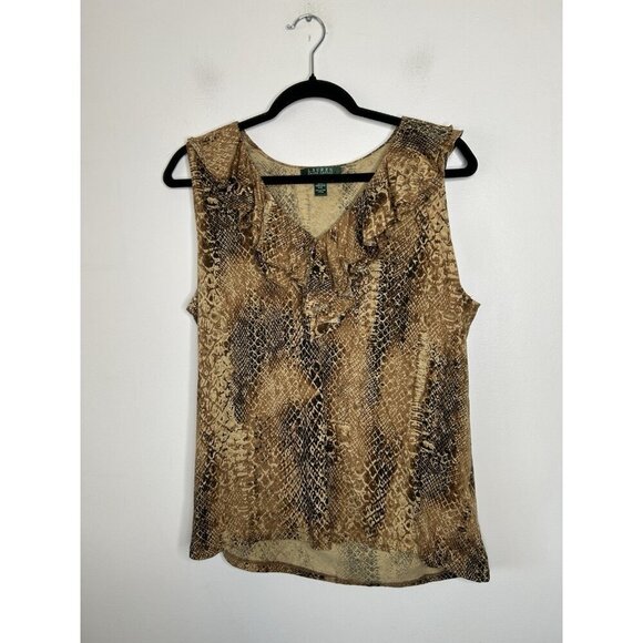 Lauren Ralph Lauren Top Womens Brown Animal Print Sleeveless Ruffle Neck Size XL - Picture 1 of 8